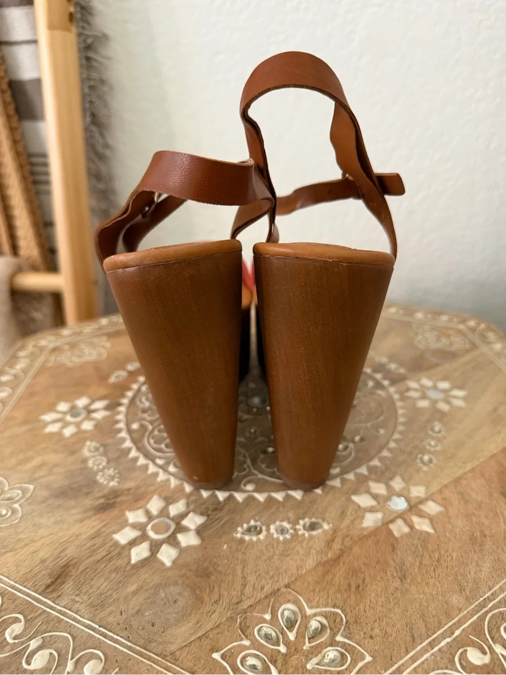 Wedge Sandals with Red Front Strap and Brown Ankle Strap